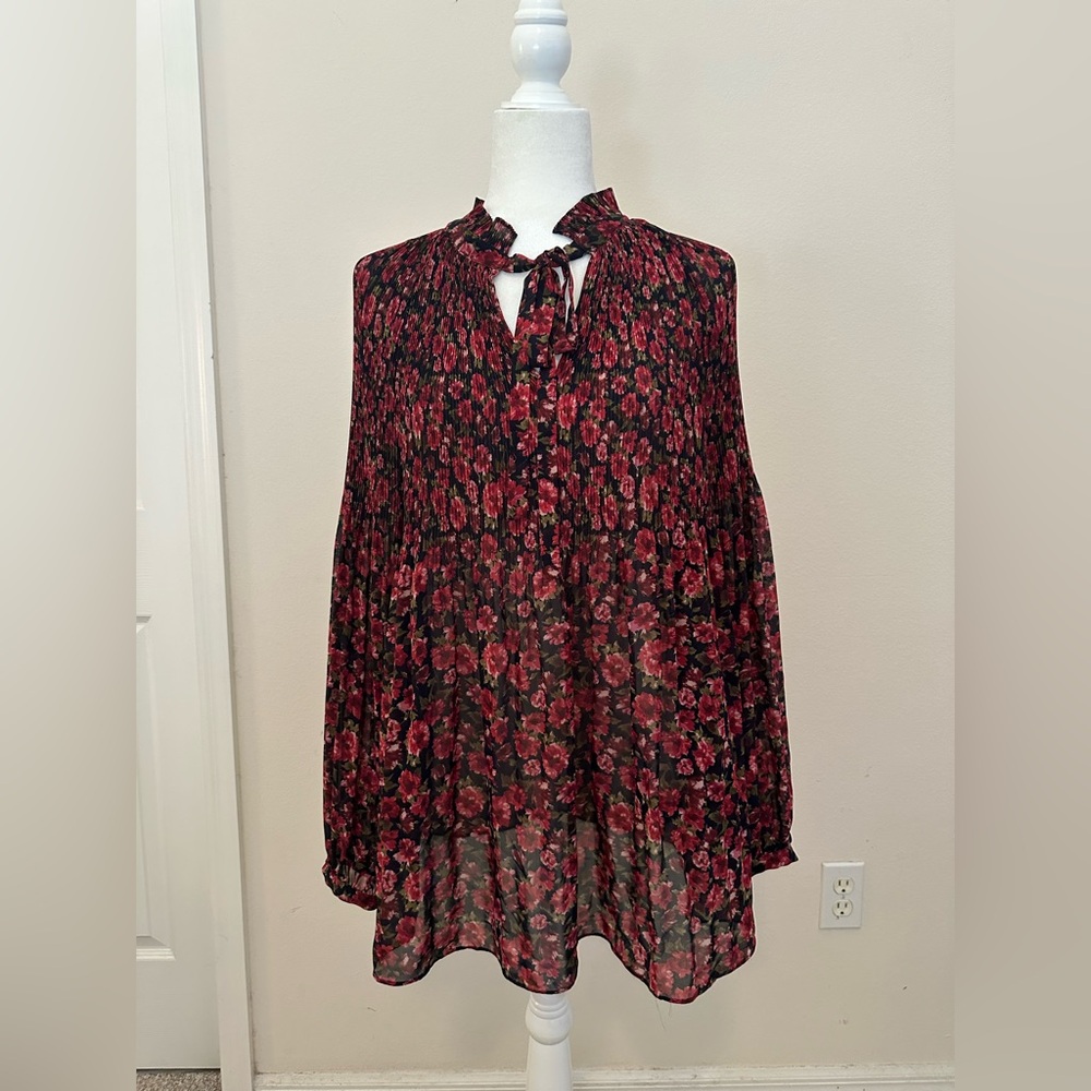 Lauren Ralph Lauren Navy Duong Sheer Pleated Blouse Sz 2X Dark Romantic Floral